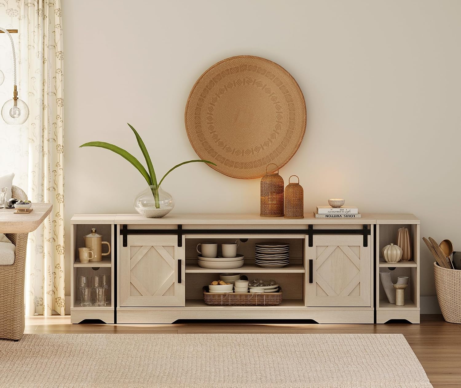 WAMPAT 3-in-1 Modern Farmhouse TV Stand for up to 85' TV, 23.6' H Wood Entertainment Center with Sliding Barn Door and Adjustable Media Storage Shelf for Living Room, Beige