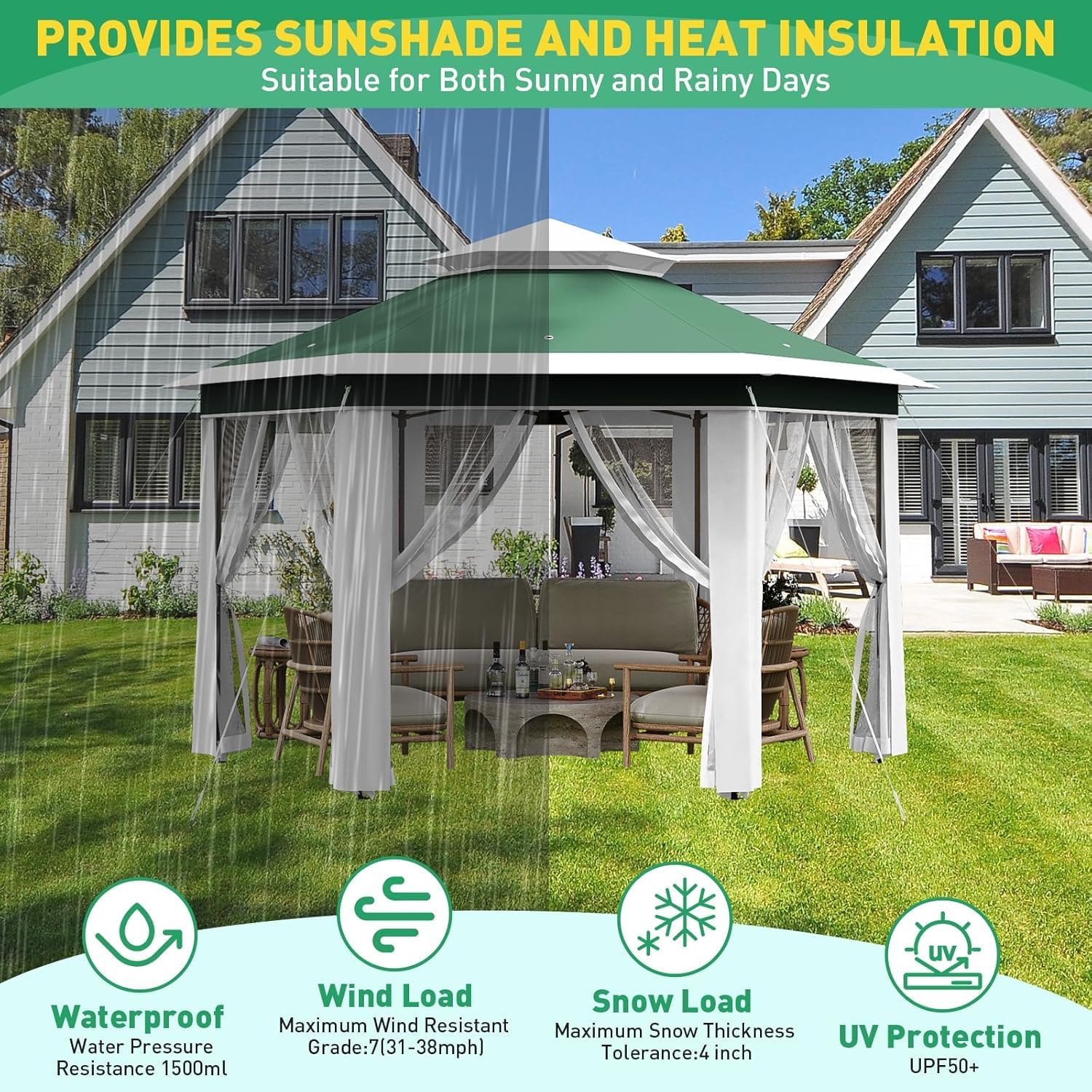 13'x13' Pop-Up Gazebo, 6 Sided Instant Canopy Gazebo with Mosquito Net, Double Roof, Mesh Windows & Portable Carry Bag, 3 Level Adjustable Height Canopy Pergola for Backyard, Garden, Lawn