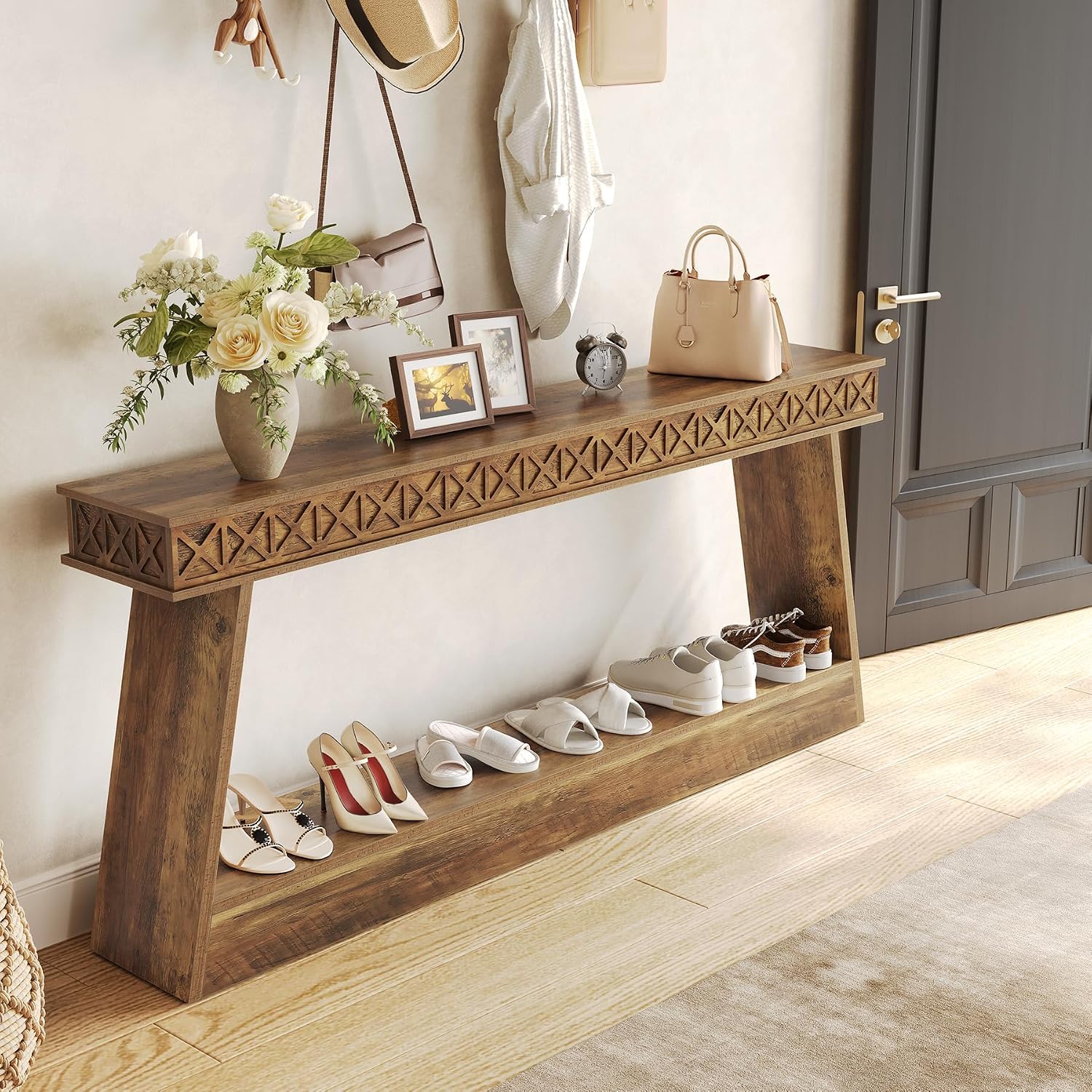 LITTLE TREE 70.87' Long Farmhouse Console Table, 2-Tier Shelf Narrow Accent Entryway Sofa Table for Living Room, Behind Couch, Hallway - Brown