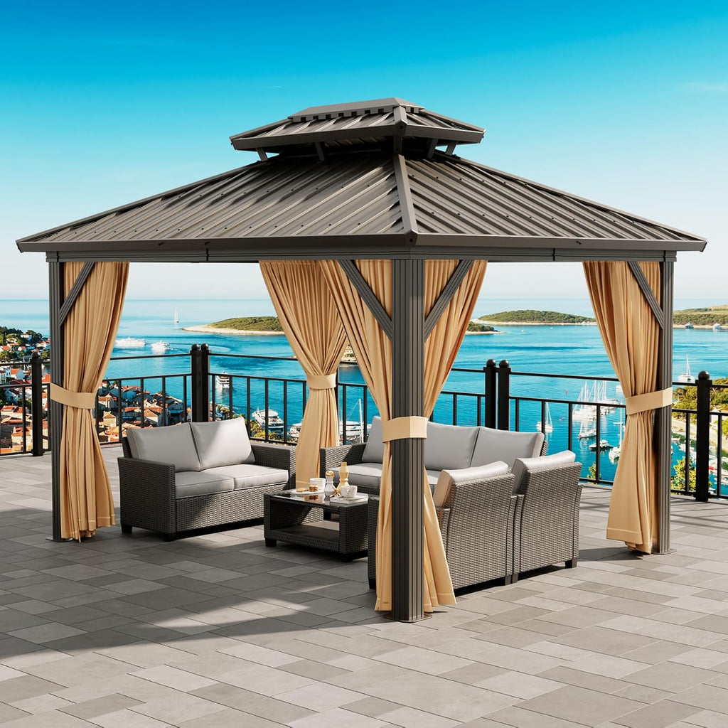 10x12ft Hardtop Gazebo, Aluminum Permanent Gazebo Double Roof Canopy with Netting and Curtains Outdoor Gazebos Galvanized Iron Aluminum Frame Garden Tent for Patio, Backyard, Deck, Lawns