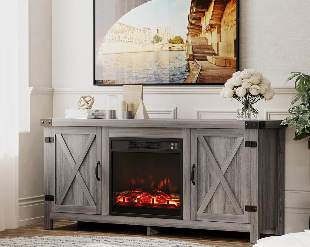 JUMMICO Fireplace TV Stand, Farmhouse Entertainment Center with Fireplace and Shelves, Double Barn Doors Storage Cabinets for TVs to 65+ Inch for Living Room (Grey)