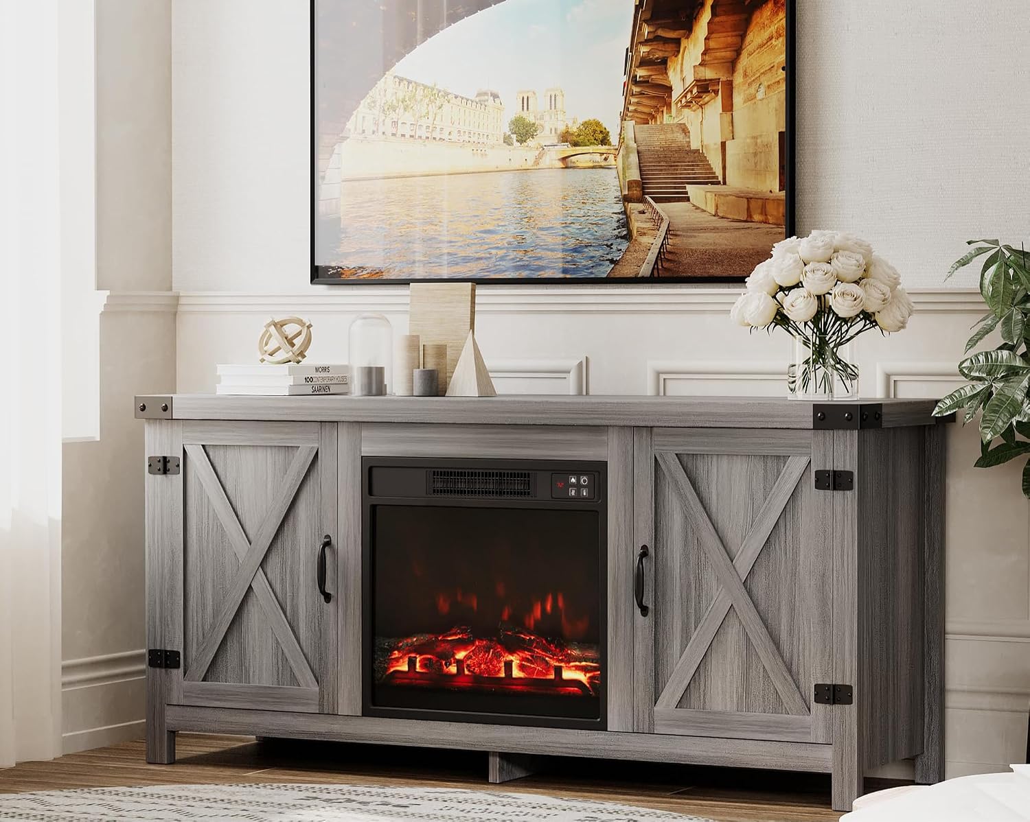 JUMMICO Fireplace TV Stand, Farmhouse Entertainment Center with Fireplace and Shelves, Double Barn Doors Storage Cabinets for TVs to 65+ Inch for Living Room (Grey)