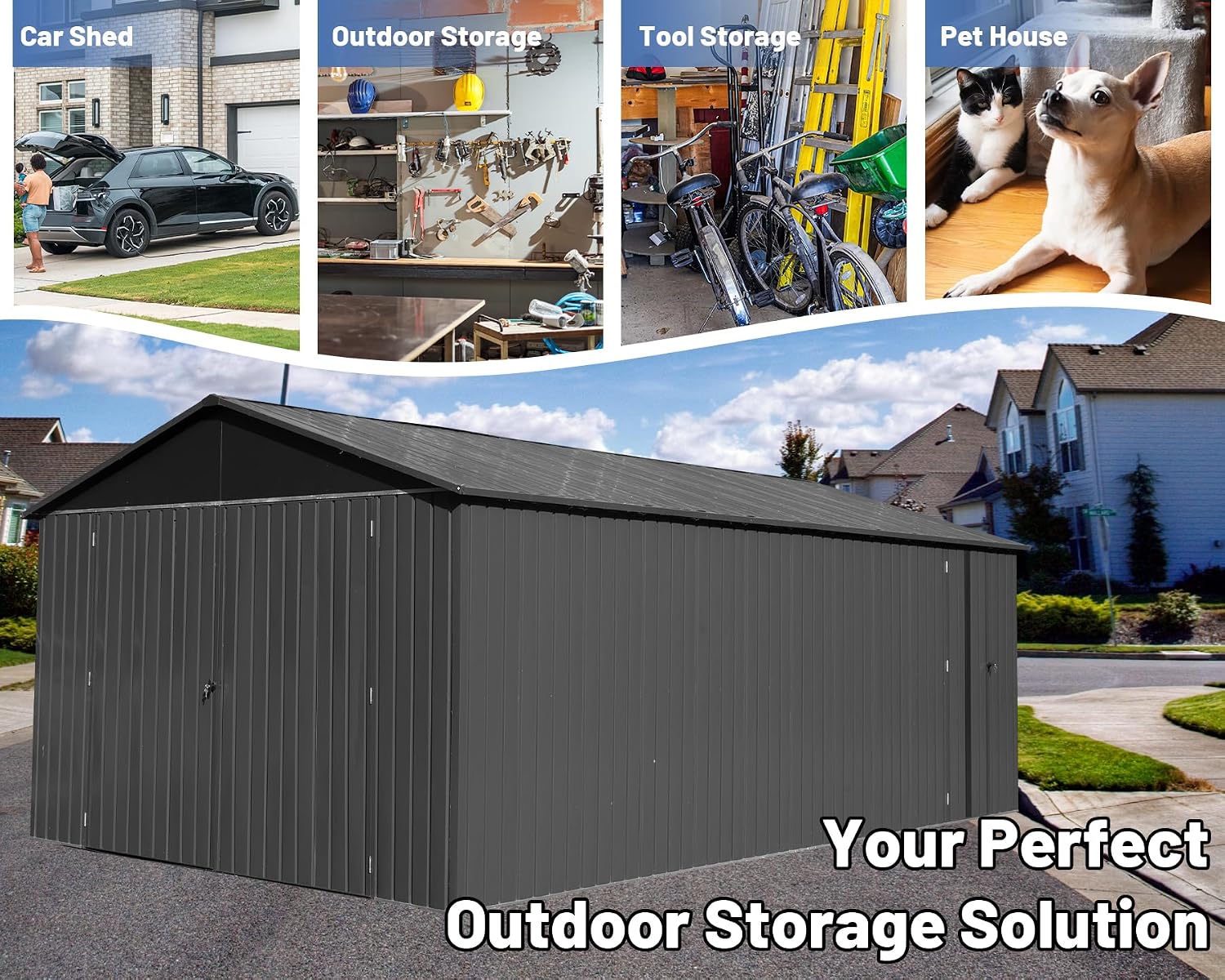 12x15FT Metal Carport, Heavy Duty Metal Garage with 2 Lockable Doors, Metal Steel Storage Shed, Metal Shed, Car Garage, Outdoor Large Garage for RV, Truck & Lawnmower -Dark Grey