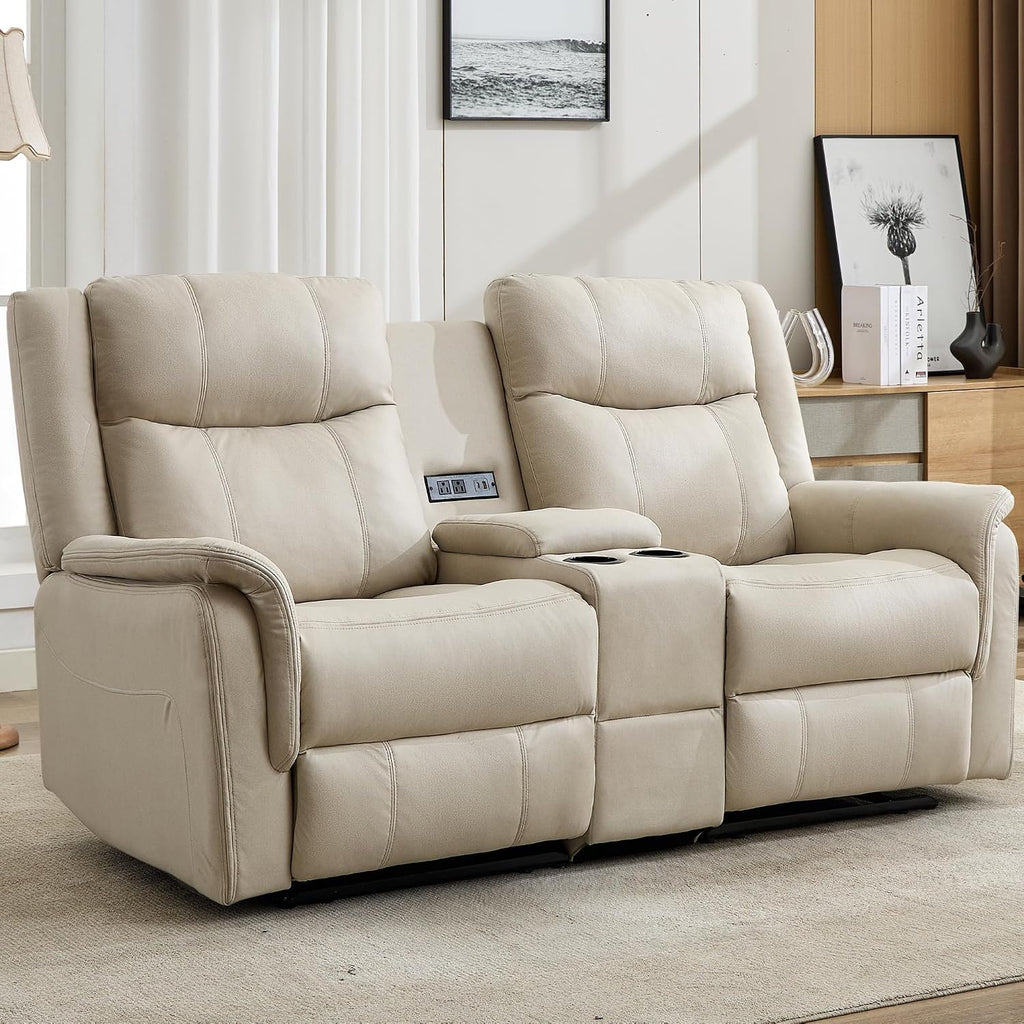 Korser Loveseat Recliner Sofa, Reclining Loveseat Couch, Reclining Couch with Console, USB Port, US Outlets, and Cup Holders, 2-Seater Sofa for Living Room (2-Seater, Khaki)