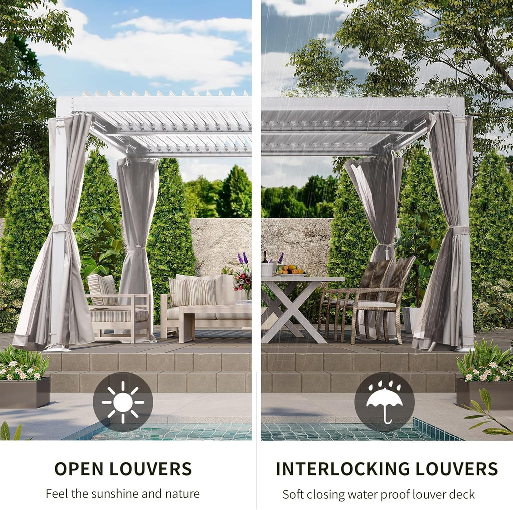 10' × 20' Louvered Pergola, Outdoor Aluminium Canopy with Adjustable Roof Curtains and Netting for Patio, Deck, Garden, Yard, Beach. (White)