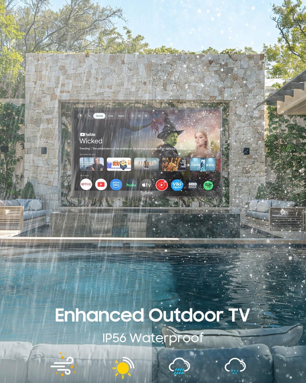 SYLVOX Outdoor TV, 75-Inch Waterproof Smart TV, 2000 nits Full Sun TV, 4K, Dolby Atmos, HDR10, Weatherproof Television with Voice Assistant Remote (Pool Pro 3.0, Latest Model)
