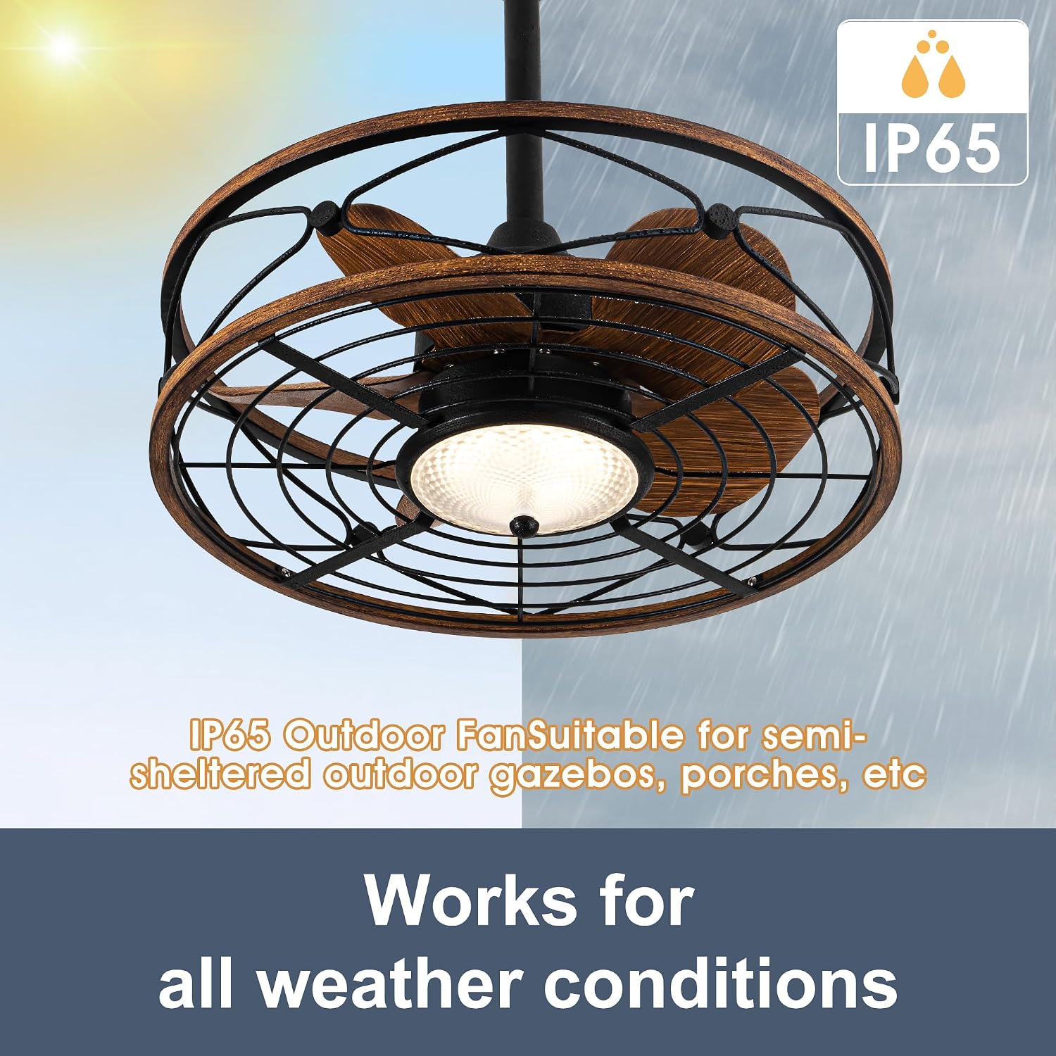 TIFEROR Outdoor Ceiling Fans with Lights and Remote for Patios, 20'' Wet Rated Gazebo Ceiling Fan, Plug in with 3 Color LED Light, Hanging with Hook, Lighting for Pergola Canopy