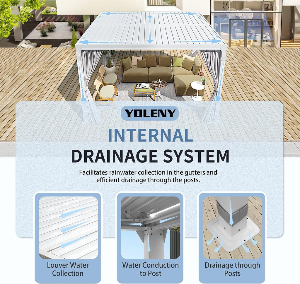 YOLENY Louvered Pergola - 10x10, All Aluminum with Adjustable Rainproof Roof, Outdoor Pergola with Curtains and Nets for Patio & Garden, White