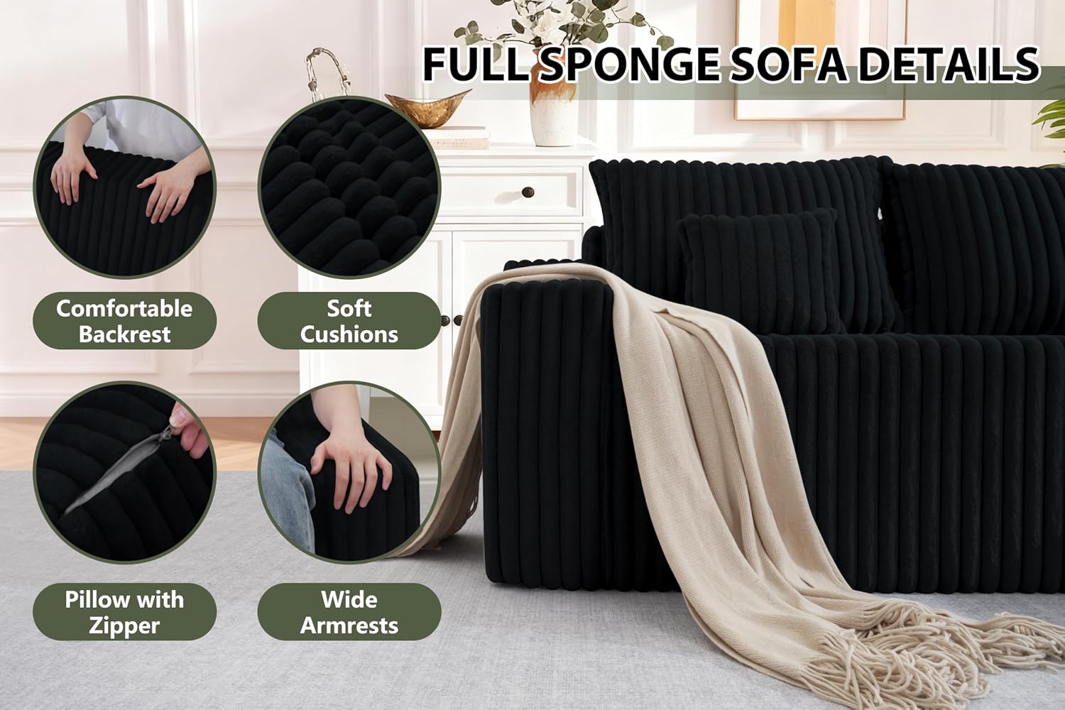 HABUTWAY 94'' Cloud Sectional Couch, Boneless Sofa with Deep Seat, Modular Comfy L-Shape Couch with Chaise for Living Room Bedroom, No Assembly Required(Black,Right Facing Chaise)