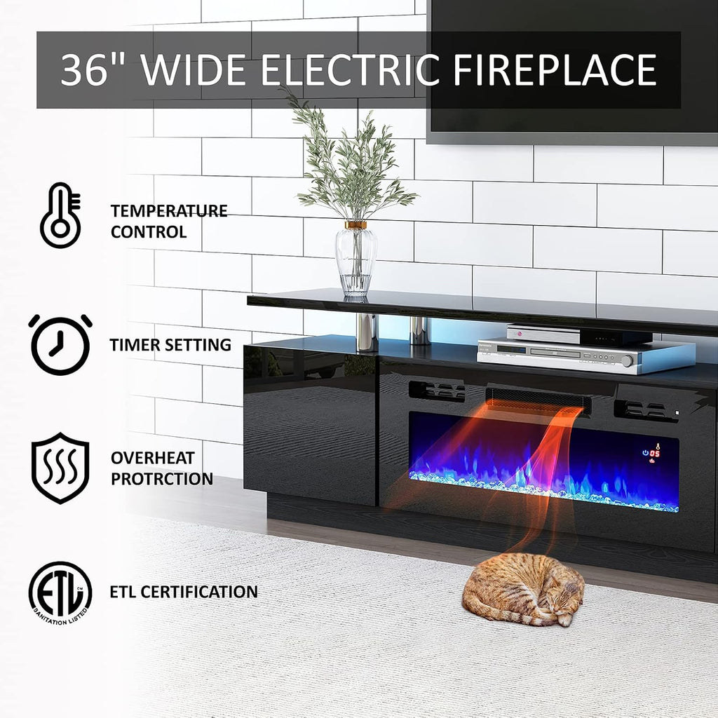 AMERLIFE 110' Large Fireplace TV Stand Set with 36' Electric Fireplace, Includes 70' 2-Tier Fireplace TV Stand, 2 x End Tables, Modern High Gloss TV Console with LED Light for Living Room, Black
