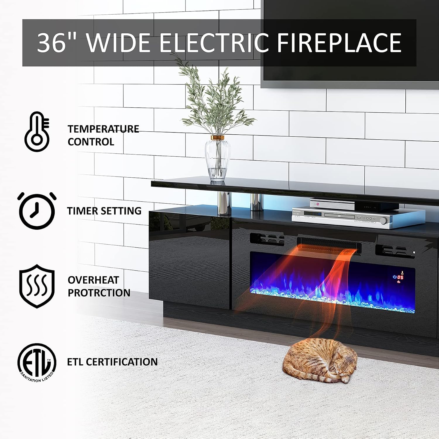 AMERLIFE 110' Large Fireplace TV Stand Set with 36' Electric Fireplace, Includes 70' 2-Tier Fireplace TV Stand, 2 x End Tables, Modern High Gloss TV Console with LED Light for Living Room, Black