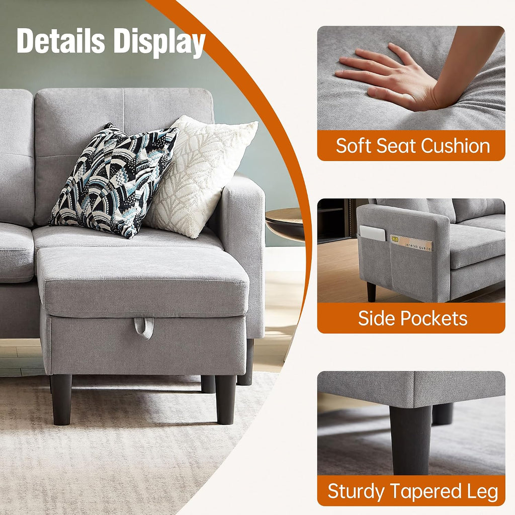 80' Convertible Sectional Sofa Couch with Movable Ottoman, 3 Seats Sectional Sofas L Shaped Couch for Small Spaces, Soft Fabric Couch for Living Room (Light Grey)