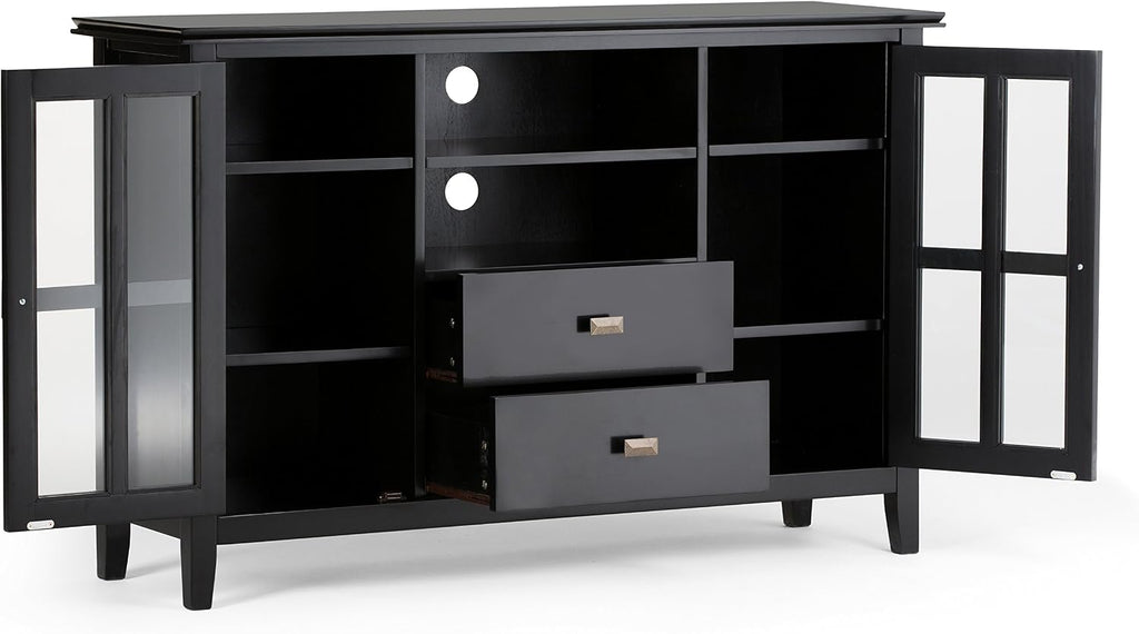 SIMPLIHOME Artisan TV Stand - 53 inch Wide Solid Wood Tall Media Console in Black, Contemporary Entertainment Center for Living Room for TVs up to 60 Inches with Drawers and Cable Management