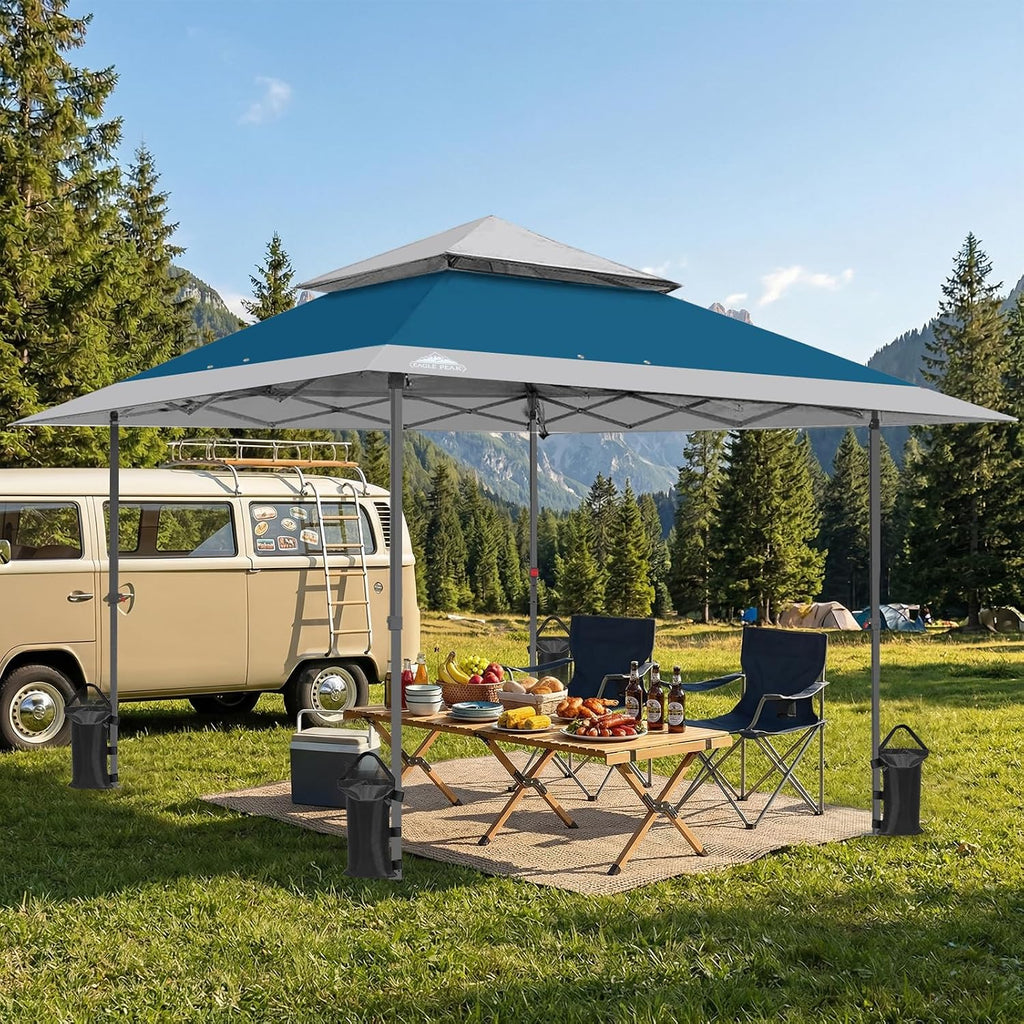 EAGLE PEAK 13x13 Straight Leg Pop Up Canopy Tent Instant Outdoor Canopy Easy Single Person Set up Folding Shelter w/Auto Extending Eaves 169 Square Feet of Shade (Blue/Gray)
