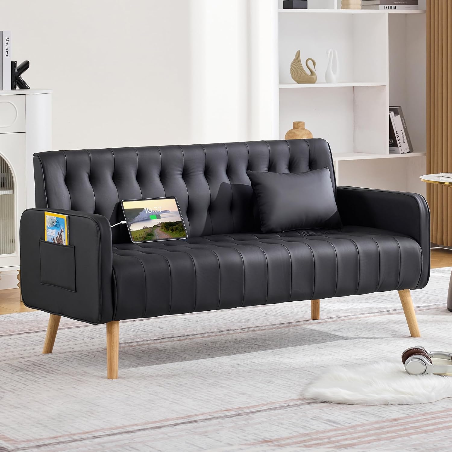 57' W Loveseat Sofa, Small Black Faux Leather Couch w/USB Charging Ports & Pockets, Mid Century Modern Tufted Love Seat Couches, Mini Office Sofa Couch for Small Spaces, Bedroom, Apartment