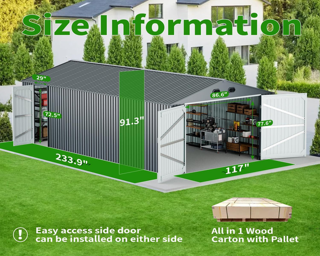 20 x 10 FT Outdoor Storage Shed, Large Metal Garden Shed with 2 Lockable Doors, Tool Shed Outdoor Storage with 4 Air Vents, Garage Shed Waterproof for Car, Truck, Bike, Garbage Can, Tool, Dark Gray