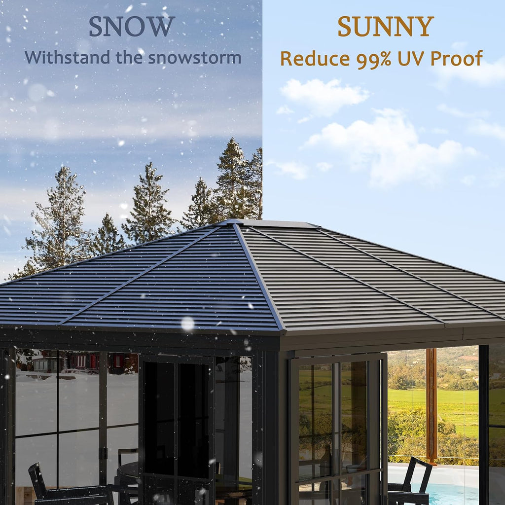Domi 11.2x14.6FT Outdoor Sunroom, Galvanized Steel Hardtop Enclose Gazebo Sloping Roof, All Weather Aluminum Solarium Screen House for Patio Deck Backyard with Lockable Door, Moveable PVC Screen