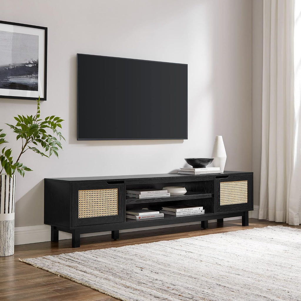 Walker Edison Destin Modern Minimal Rattan-Door TV Stand for TVs up to 80 Inches, 70 Inch, Black