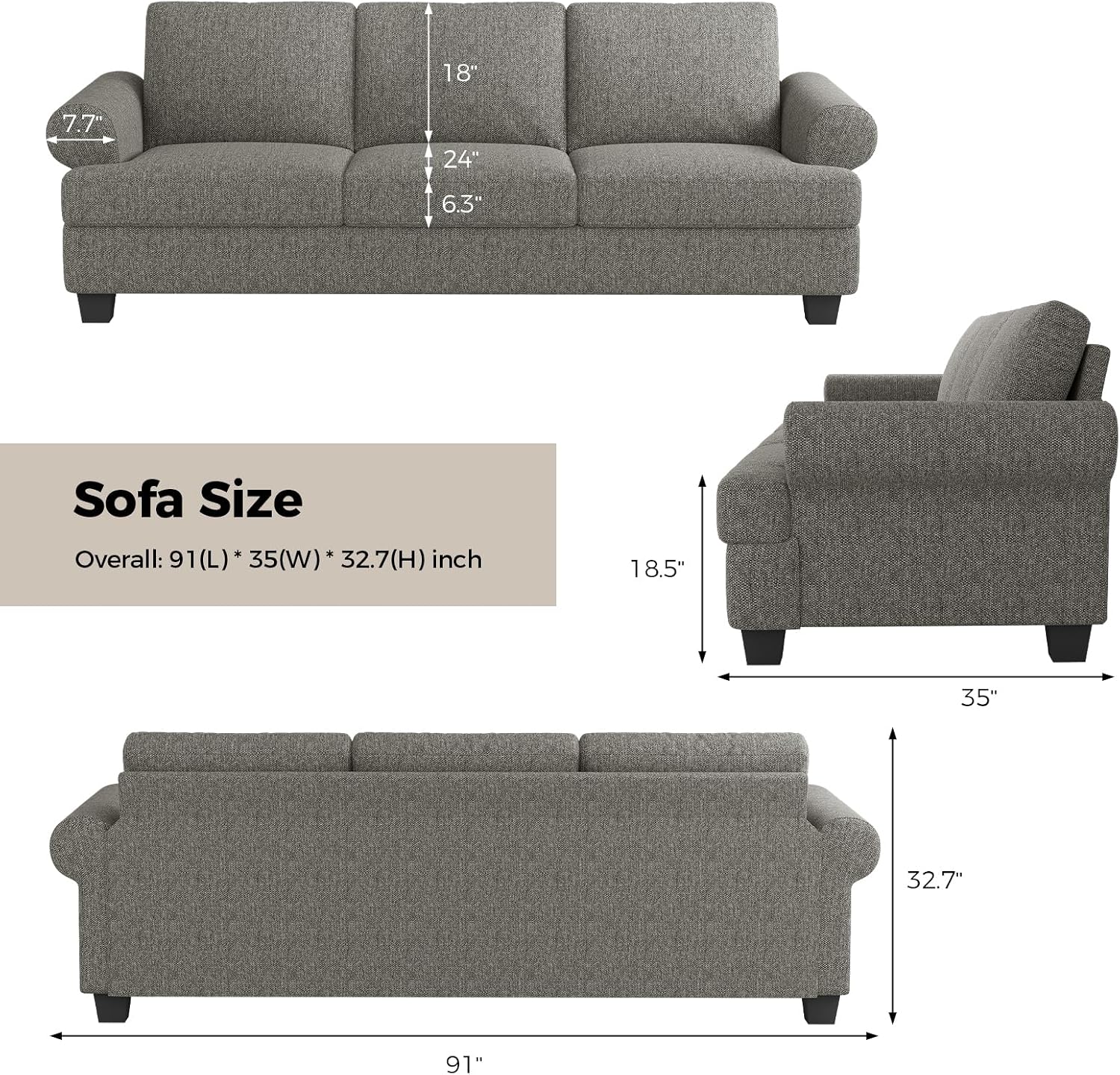 COPIAE 91 Inch Lawson Sofa with Extra Deep Seats Oversize, Mid-Century 3-Seat Sofa Couch, for Living Room, Apartment, Lounge, Light Gray