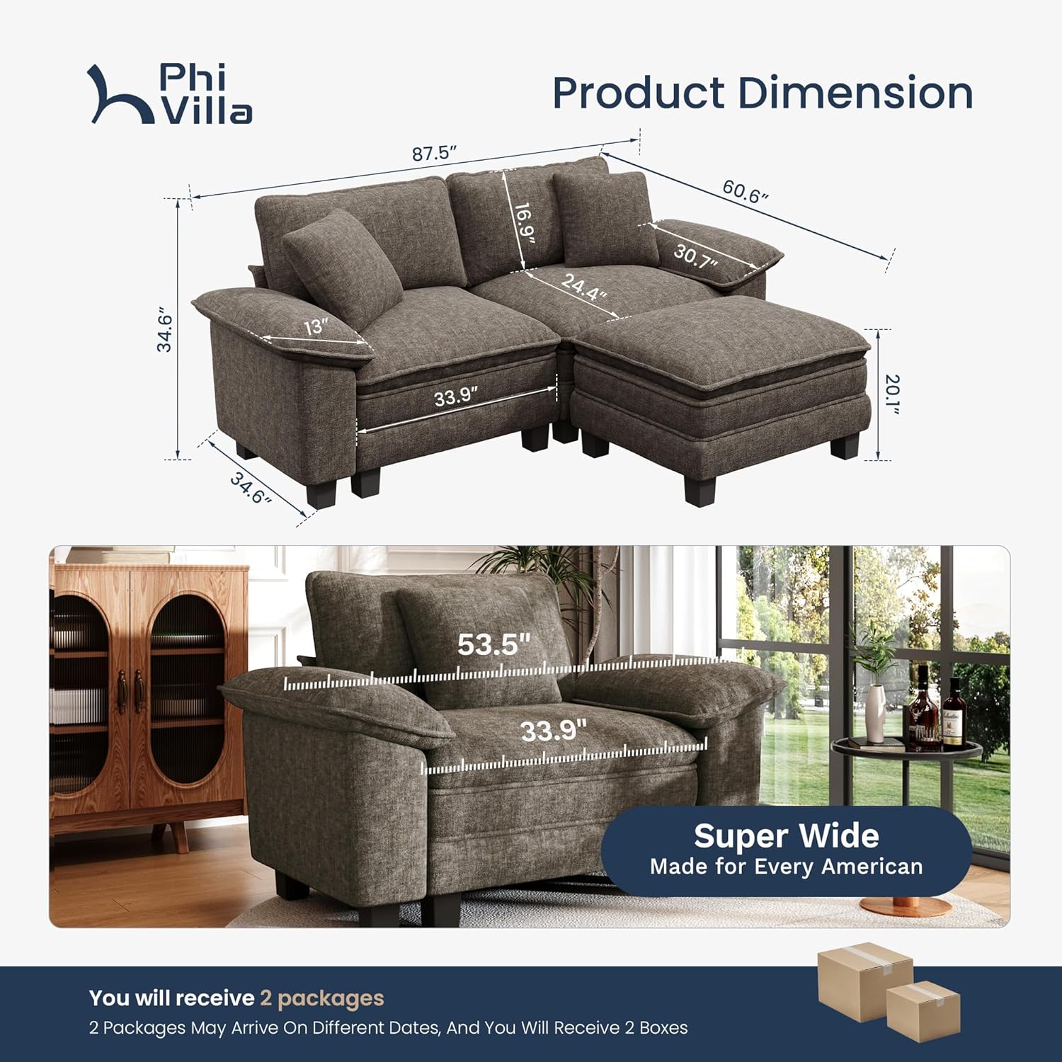PHI VILLA Cloud Modular Couches Sets, 87.5' Sectional Loveseat Sofa with 1 Movable Ottoman, 3-Seater Comfy Couches for Living Room Apartment, Chenille Fabric, Smoky Grey