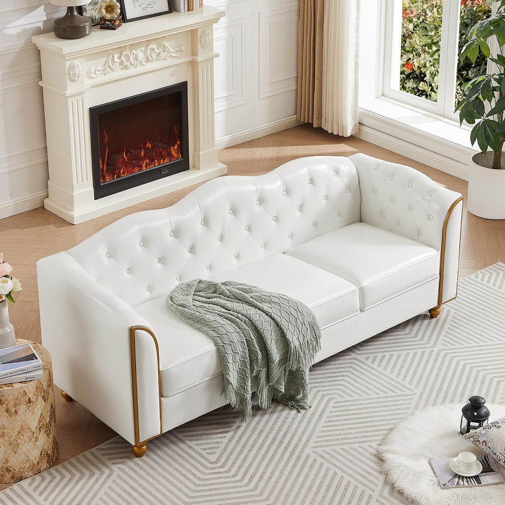 HITHOS 78' Leather Sofa Couch, Soft 3 Seater Sofa Couches for Living Room, Button Tufted Comfy Couch Modern Sofa with Upholstered Cushion, Gold Trim, Solid Wood Legs for Dorm Bedroom Apartment, White