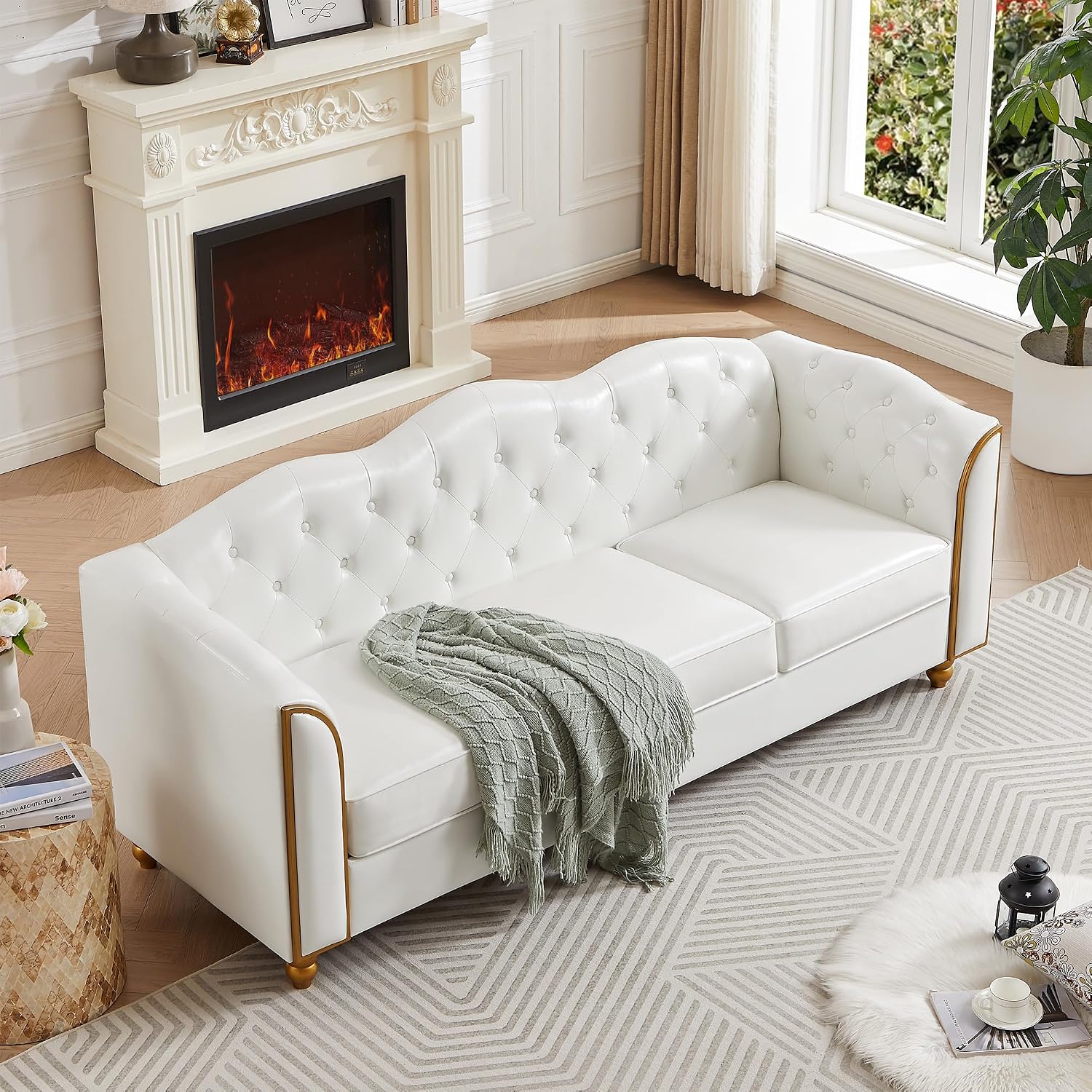 HITHOS 78' Leather Sofa Couch, Soft 3 Seater Sofa Couches for Living Room, Button Tufted Comfy Couch Modern Sofa with Upholstered Cushion, Gold Trim, Solid Wood Legs for Dorm Bedroom Apartment, White