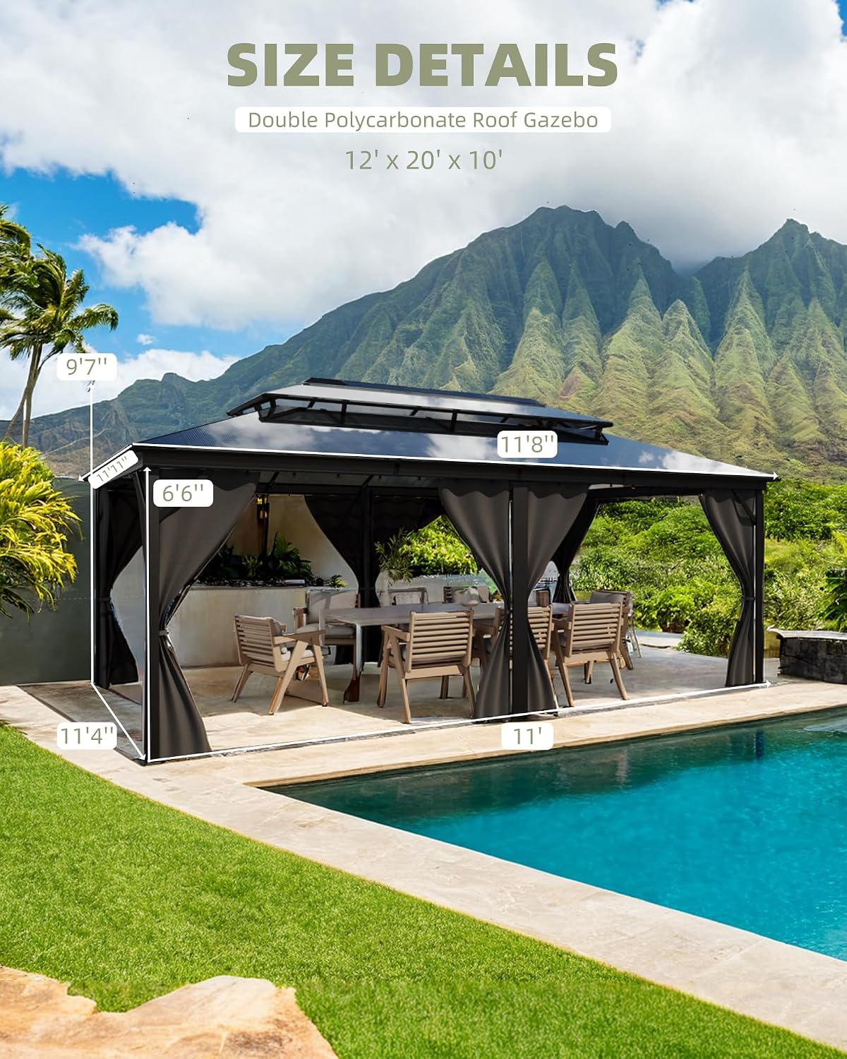 12' x 20' Permanent Hardtop Gazebo - Heavy Duty Aluminum Frame with Double Roof, Includes Curtains & Netting for Patio/Backyard/Garden (All-Weather)