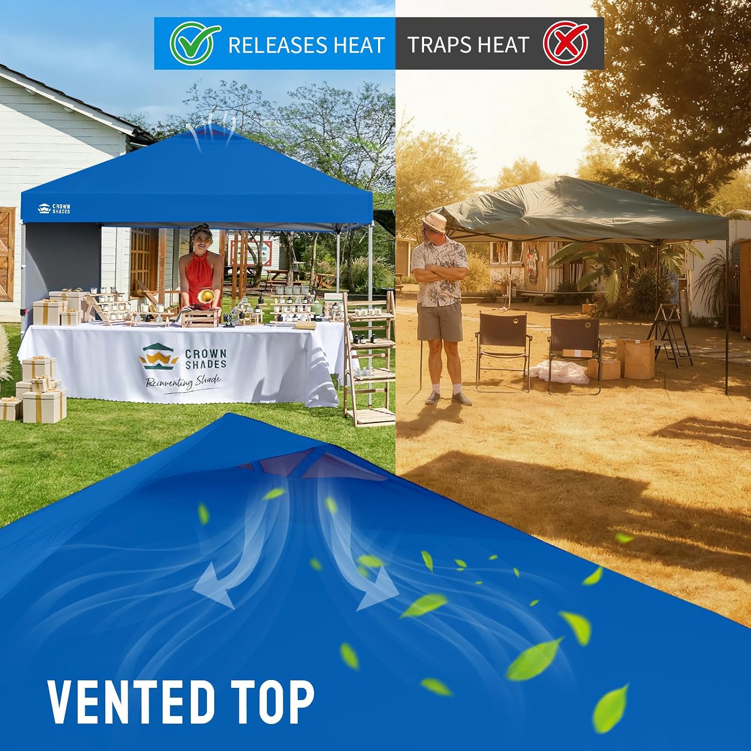 CROWN SHADES 10x10 Pop Up Canopy with 1 Side Wall - Beach Tent with One Push Setup - Outdoor Sun Shade for Events, Parties, Camping - Gazebo with STO-N-Go Cover Bag (Blue)