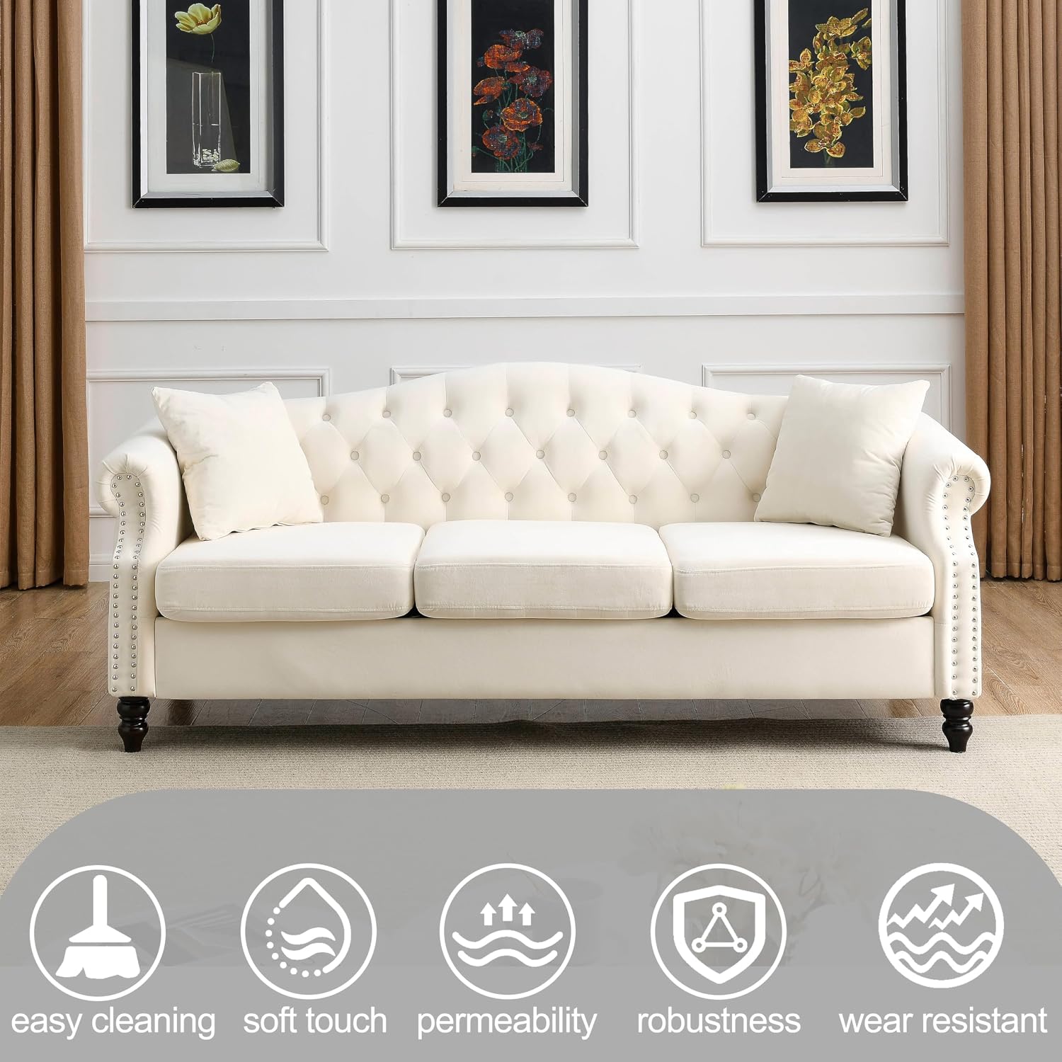 2 Piece Modern Beige Velvet 79' 3-Seater and 57' Loveseat Sofa Sets, Chesterfield Button Tufted Nailhead Combination Couch with 4 Pillows, Trimming Curved Backrest & Rolled Arm Sofa for Living Room