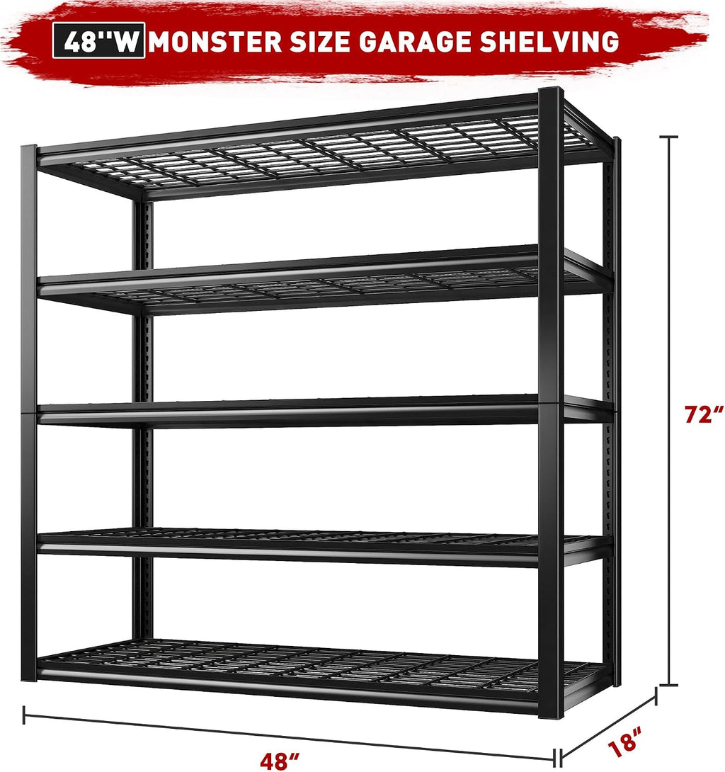 REIBII 48' W Garage Shelving Load 2500LBS, 5 Tier Storage Shelves, Adjustable Garage Storage Shelves, Heavy Duty Shelving for Warehouse, Pantry, Basement, Commercial, 48' W X 72' H X18 D
