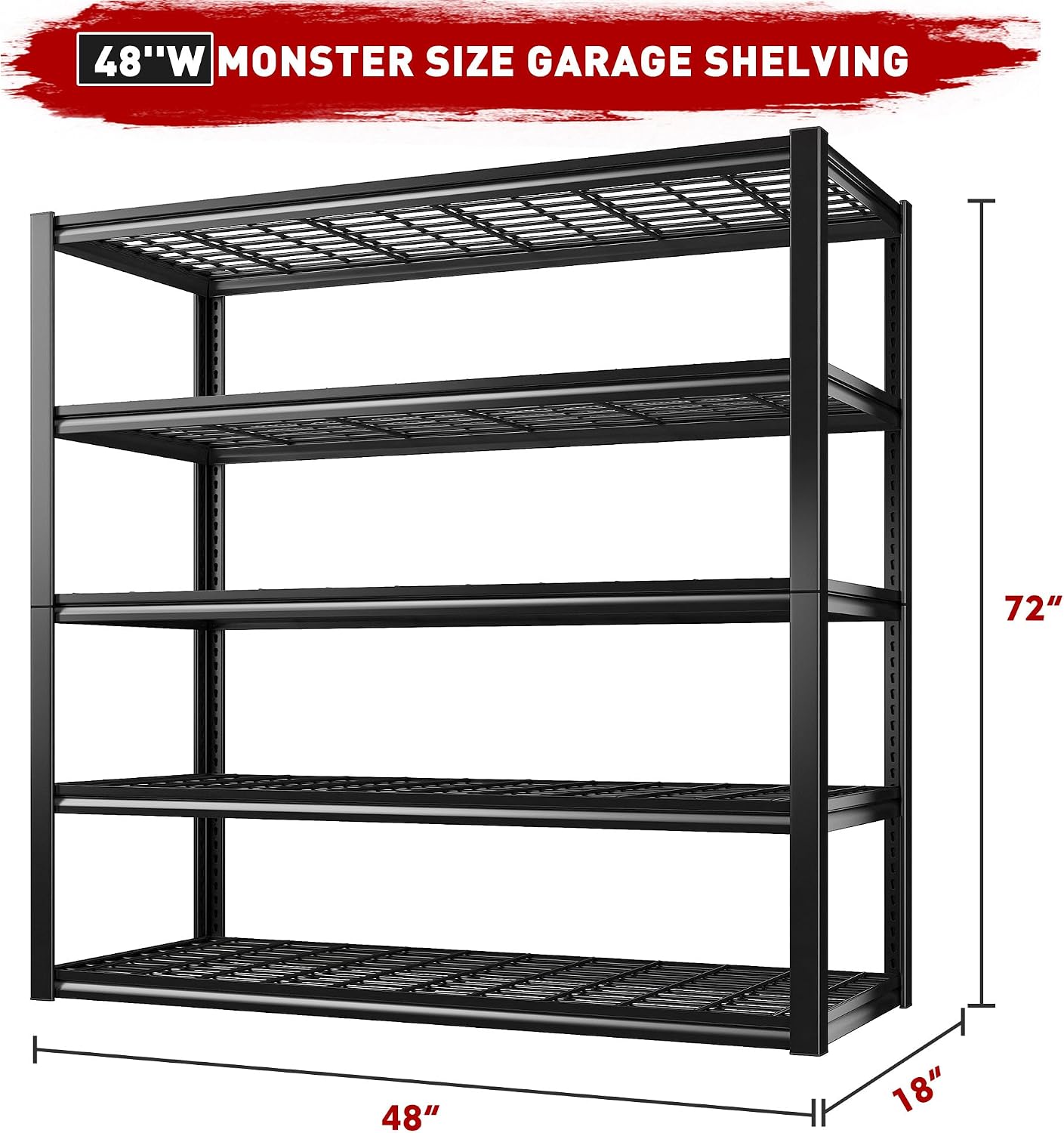 REIBII 48' W Garage Shelving Load 2500LBS, 5 Tier Storage Shelves, Adjustable Garage Storage Shelves, Heavy Duty Shelving for Warehouse, Pantry, Basement, Commercial, 48' W X 72' H X18 D