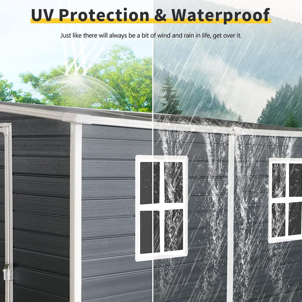 4x8 ft Outdoor Resin Storage Shed with Floor and 2 Windows, Waterproof Plastic Garden Shed with Lockable Door and Air Vents, All-Weather Tool Sheds for Backyard, Patio, Lawn (Black)