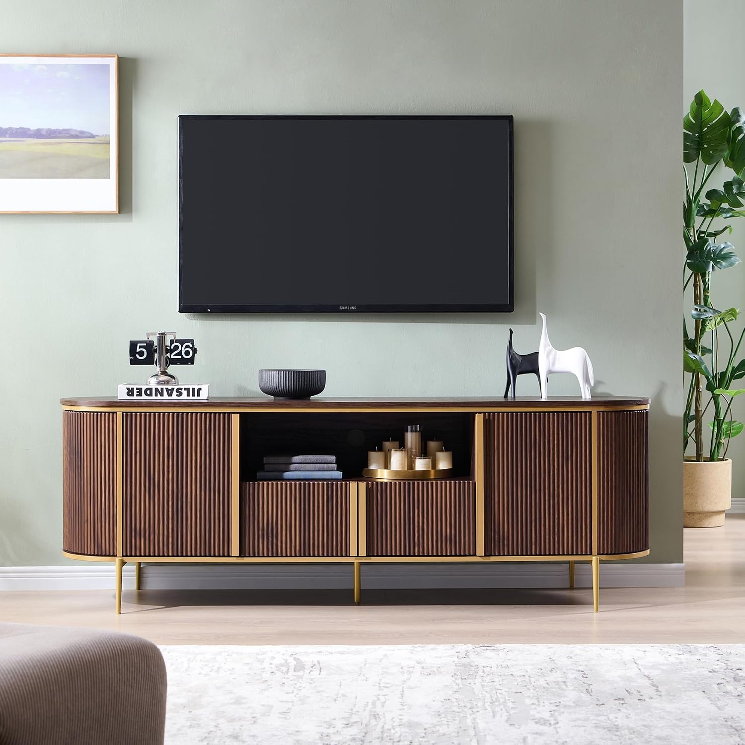 OKD Luxury 70' Fluted TV Stand, Modern Chic Entertainment Center for TVs Up to 80 inches, TV Console with Faux Marble Top, Curved Profile Design, Media Console for Living Room, (Dark Walnut)