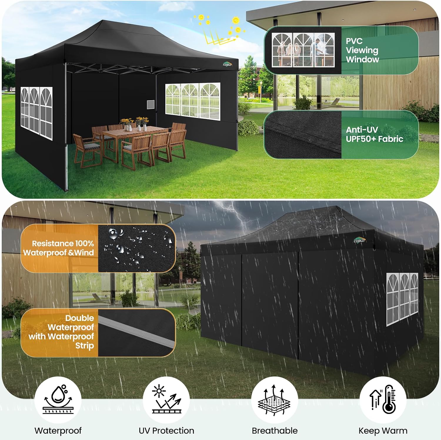 COBIZI 10x15 FT Heavy Duty Pop up Canopy with 4 Removable Sidewalls, Easy up Gazebo High Stability, All Weather Sunshade 100% Waterproof Outdoor Canopy Tents with Carry Bag, Black