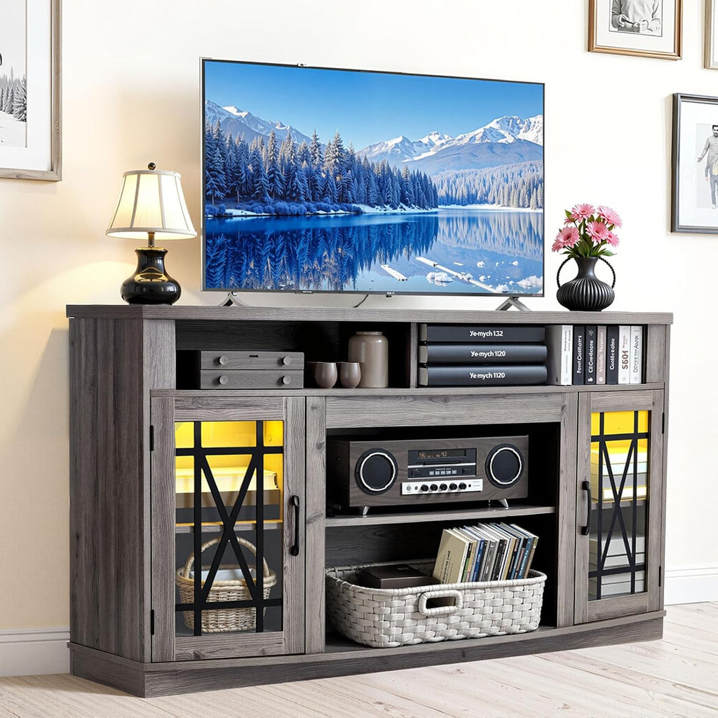 VEVOR Farmhouse TV Stand for 65 inch TVs, LED Entertainment Center with Glass Doors, Rustic Wood TV Cabinet with Adjustable Storage Shelves, Media Console for Living Room, Bedroom, Gray
