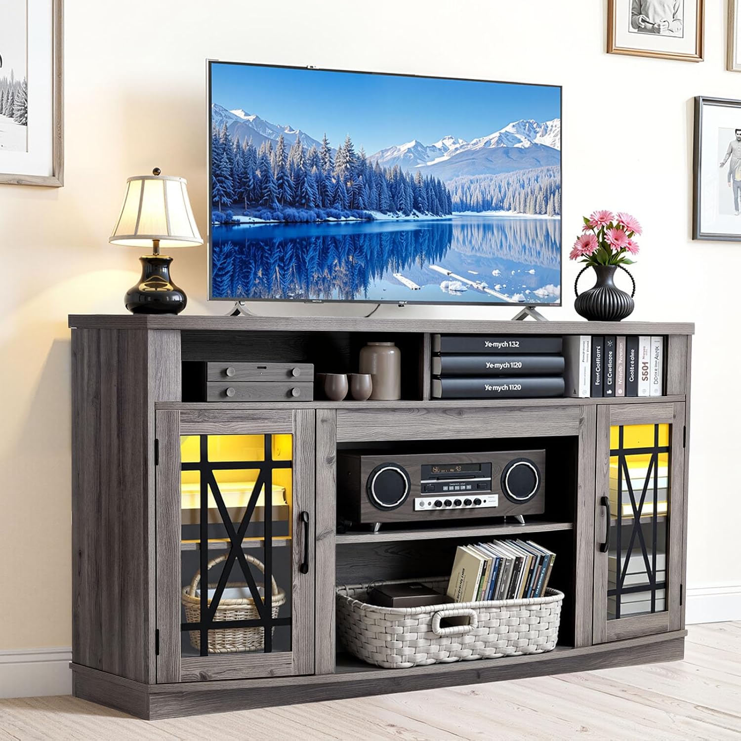 VEVOR Farmhouse TV Stand for 65 inch TVs, LED Entertainment Center with Glass Doors, Rustic Wood TV Cabinet with Adjustable Storage Shelves, Media Console for Living Room, Bedroom, Gray