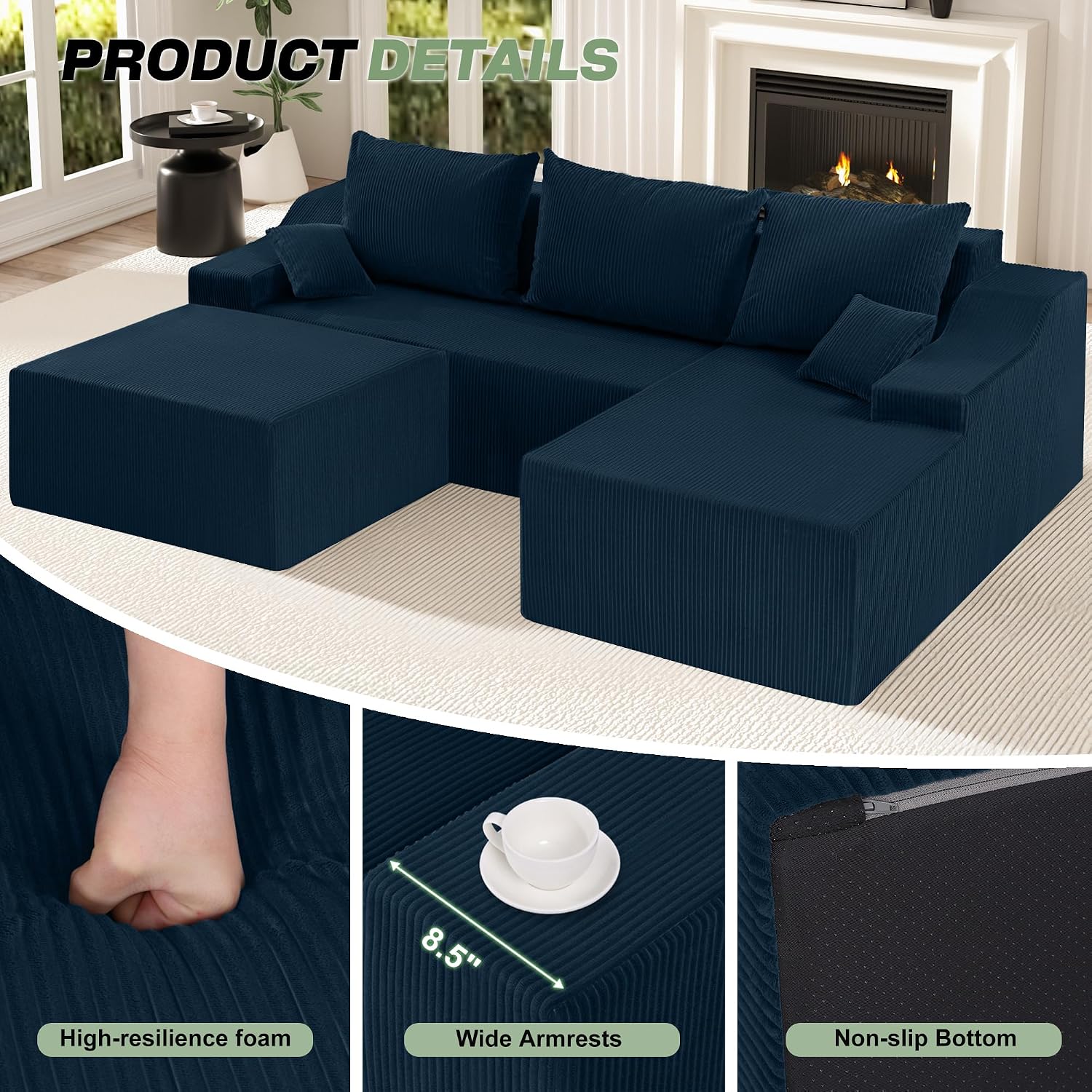 HABUTWAY U Shaped Modular Sectional Couch for Living Room, Modular Cloud Sofa with Ottoman, No Assembly Boneless Couches with Deep Seat, Corduroy Fabric (Blue, Right Facing)