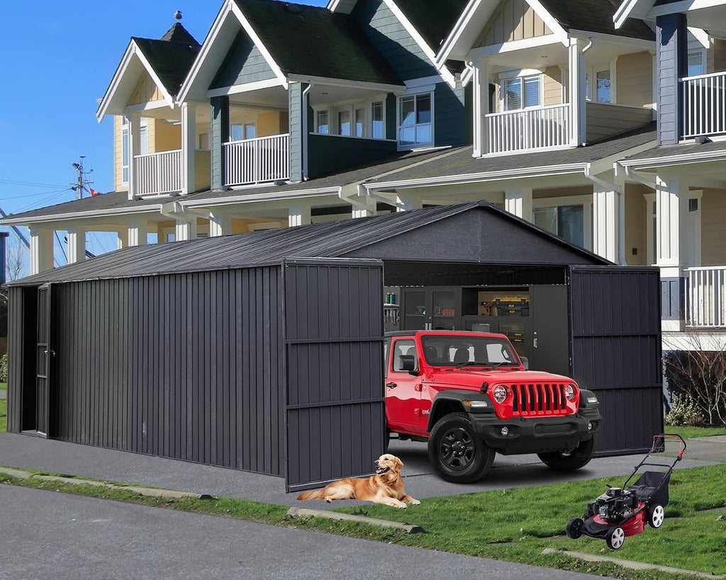 12x25FT Metal Carport, Heavy Duty Metal Garage with 2 Lockable Doors, Metal Steel Storage Shed, Metal Shed, Car Garage, Outdoor Large Garage for RV, Truck & Lawnmower -Dark Grey