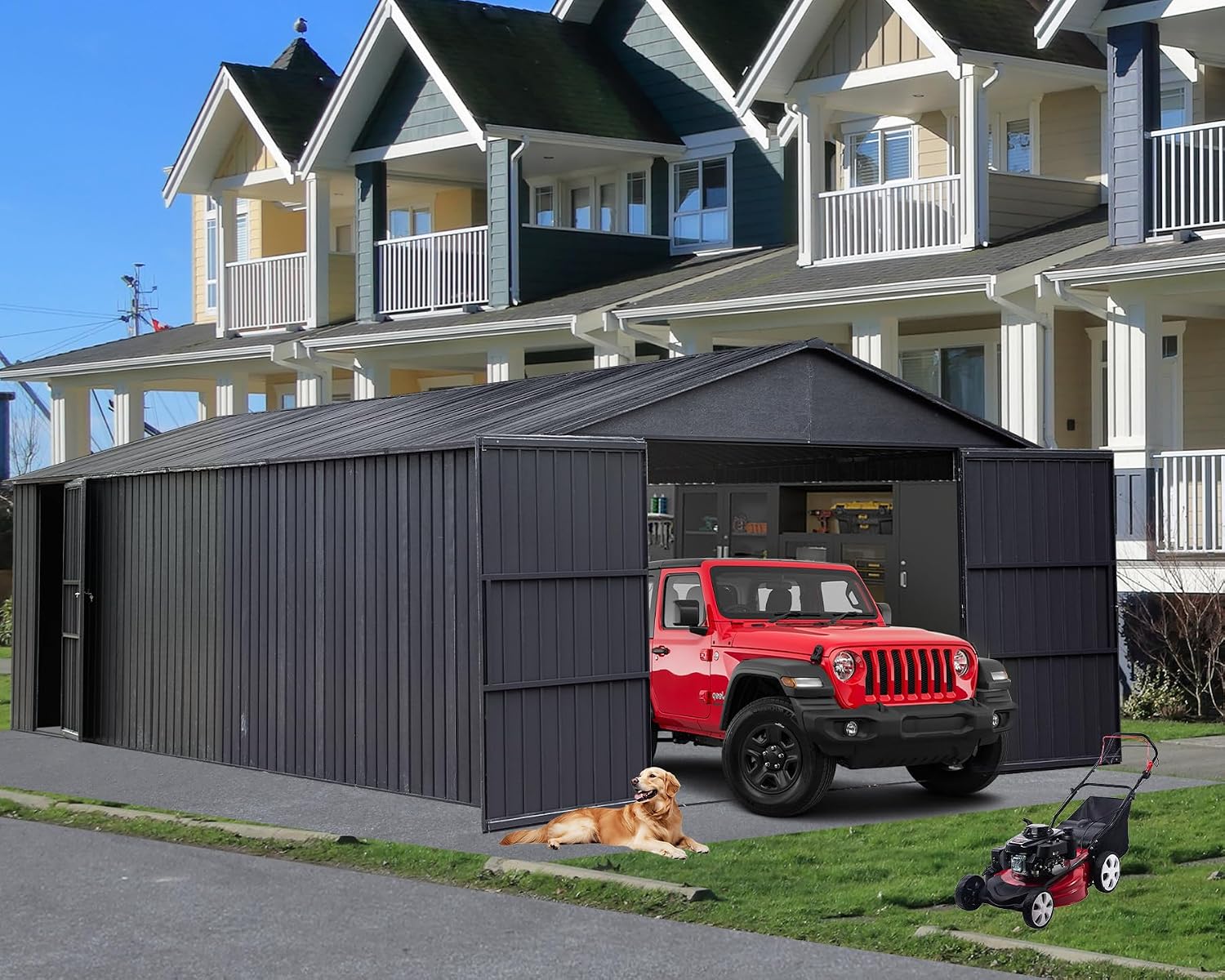 12x25FT Metal Carport, Heavy Duty Metal Garage with 2 Lockable Doors, Metal Steel Storage Shed, Metal Shed, Car Garage, Outdoor Large Garage for RV, Truck & Lawnmower -Dark Grey