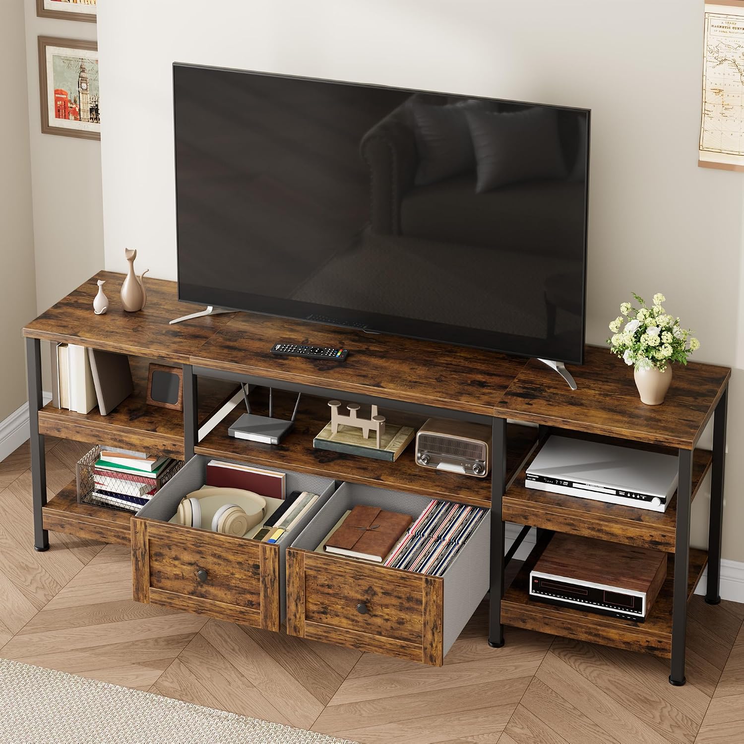 GarveeHome Rustic 63' TV Stand for TVs Up to 65', Industrial Media Console with 2 Drawers and Open Storage Shelves, Sturdy Metal Frame Entertainment Center, Brown