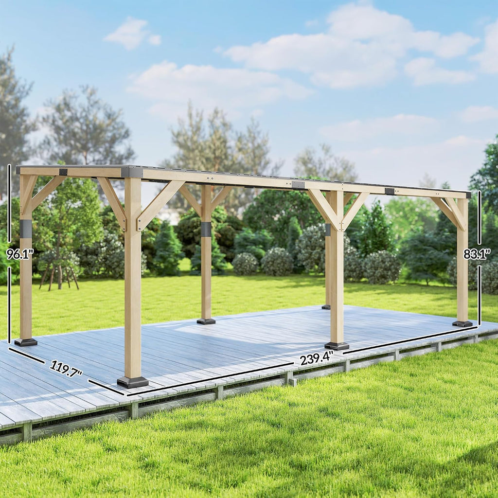 Outsunny 10' x 20' Wooden Gazebo, Hardtop Lean-to Gazebo Pergola with Galvanized Steel Sloped Roof, Large Heavy Duty Awning for Patio, Deck, Backyard, Light Walnut