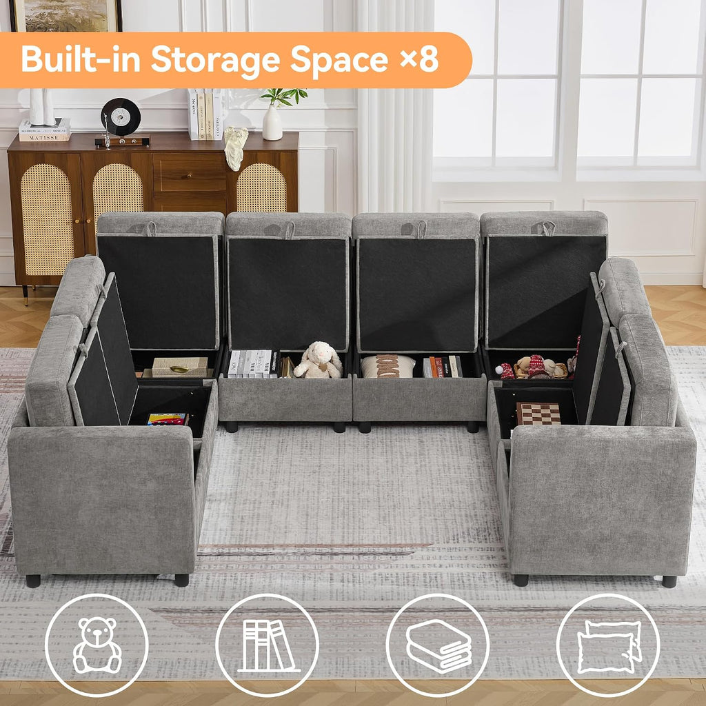 104'' U Shaped Modular Sofa, Sectional Couches with Storage for Living Room, Oversized 8 Seater Cloud Sectional Couch, Chenille Grey