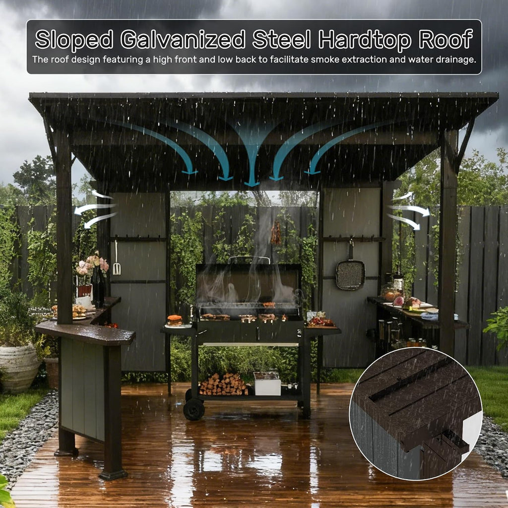 Domi 9x10FT Grill Gazebo Hardtop, BBQ Gazebo for Outdoor Grill with Storage Shelves and Expansion Platform, Metal Permanent Lean-to Canopy for Patio Backyard Lawn, Brown