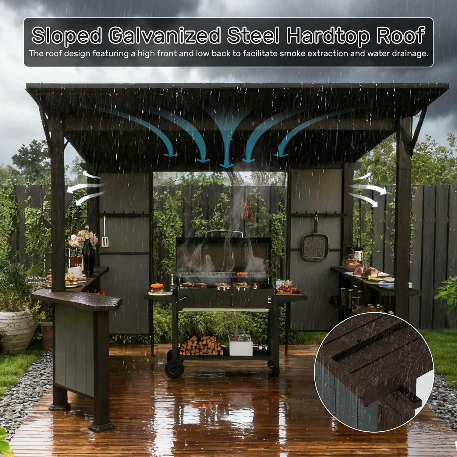 Domi 9x10FT Grill Gazebo Hardtop, BBQ Gazebo for Outdoor Grill with Storage Shelves and Expansion Platform, Metal Permanent Lean-to Canopy for Patio Backyard Lawn, Brown