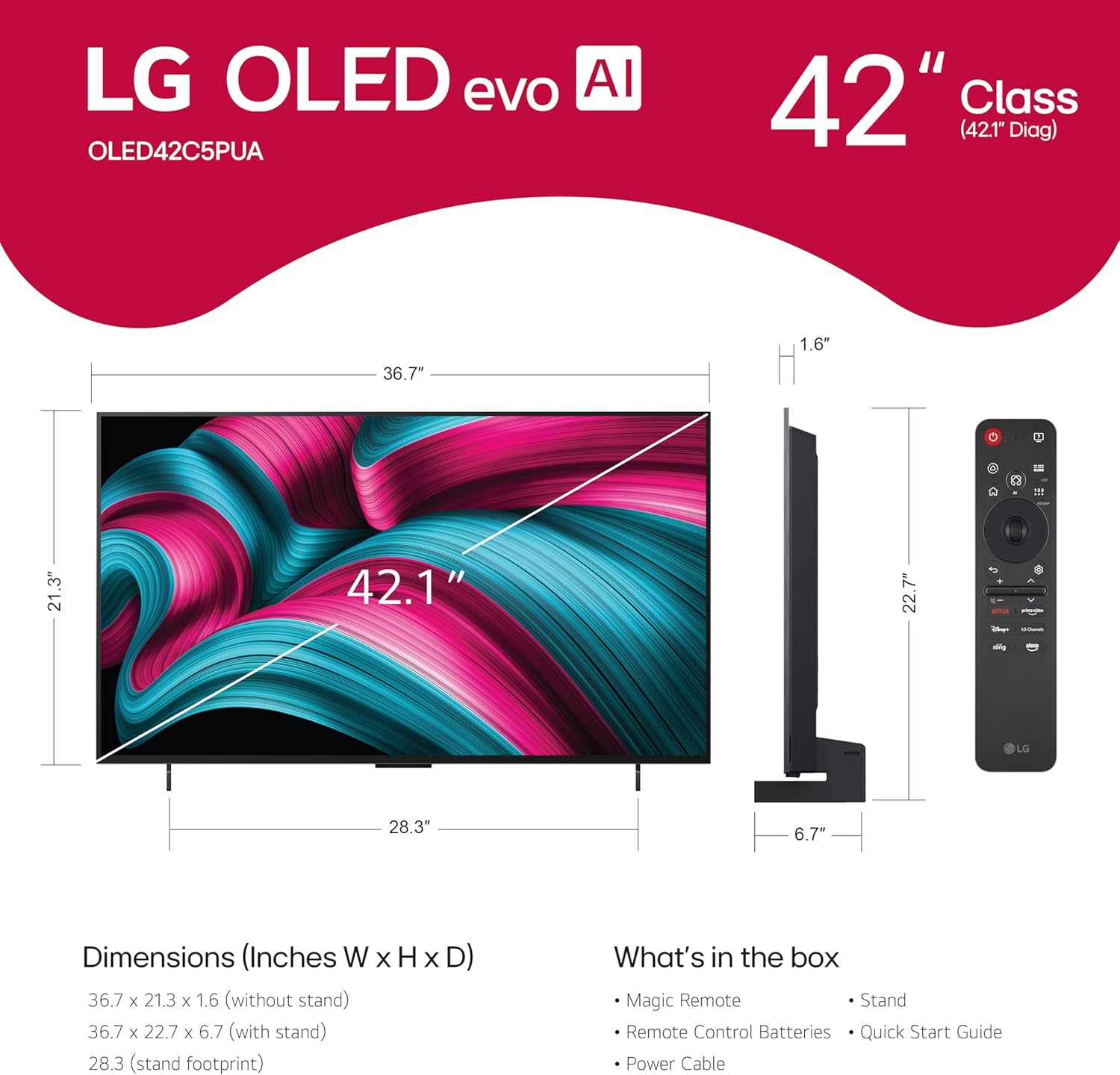 LG (Refurbished 42-Inch Class OLED evo AI 4K C5 Series Smart TV w/Dolby Atmos, Dolby Vision, HDR10, AI Super Upscaling 4K, Filmmaker Mode, Wow Orchestra, Alexa Built-in (OLED42C5PUA, 2025) (Renewed)