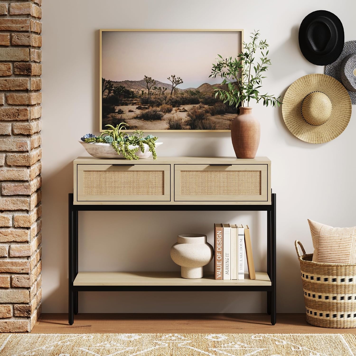 Nathan James Virgo Wood Accent Storage Console Sofa Table, for Entryway, Hallway or Living Room, Light Oak/Black