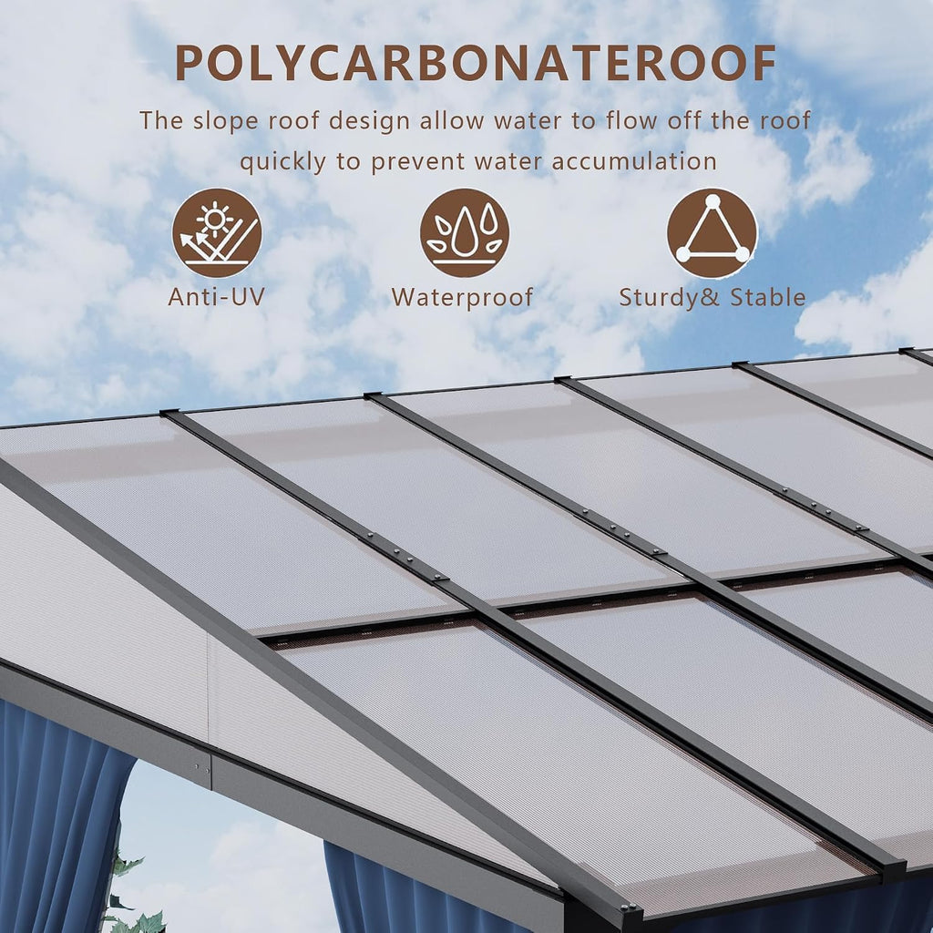 ALAULM 10'x 14' Outdoor Hardtop Pergola,Wall Mounted Lean to Gazebo with Curtains and Netting,Galvanized Metal Frame,Sunshade for Patio, Backyard, Deck and Lawns-Dark Blue