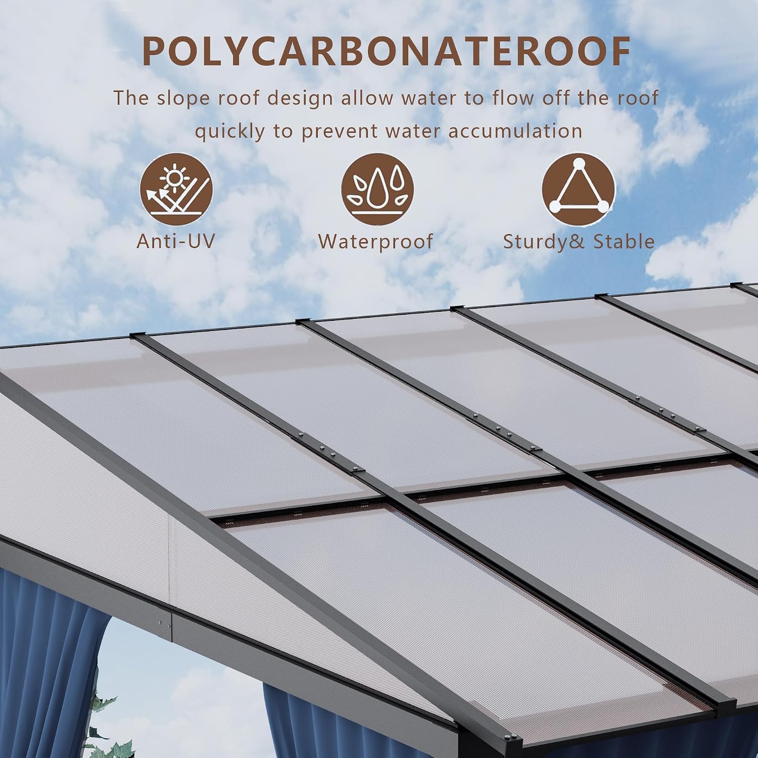 ALAULM 10'x 14' Outdoor Hardtop Pergola,Wall Mounted Lean to Gazebo with Curtains and Netting,Galvanized Metal Frame,Sunshade for Patio, Backyard, Deck and Lawns-Dark Blue