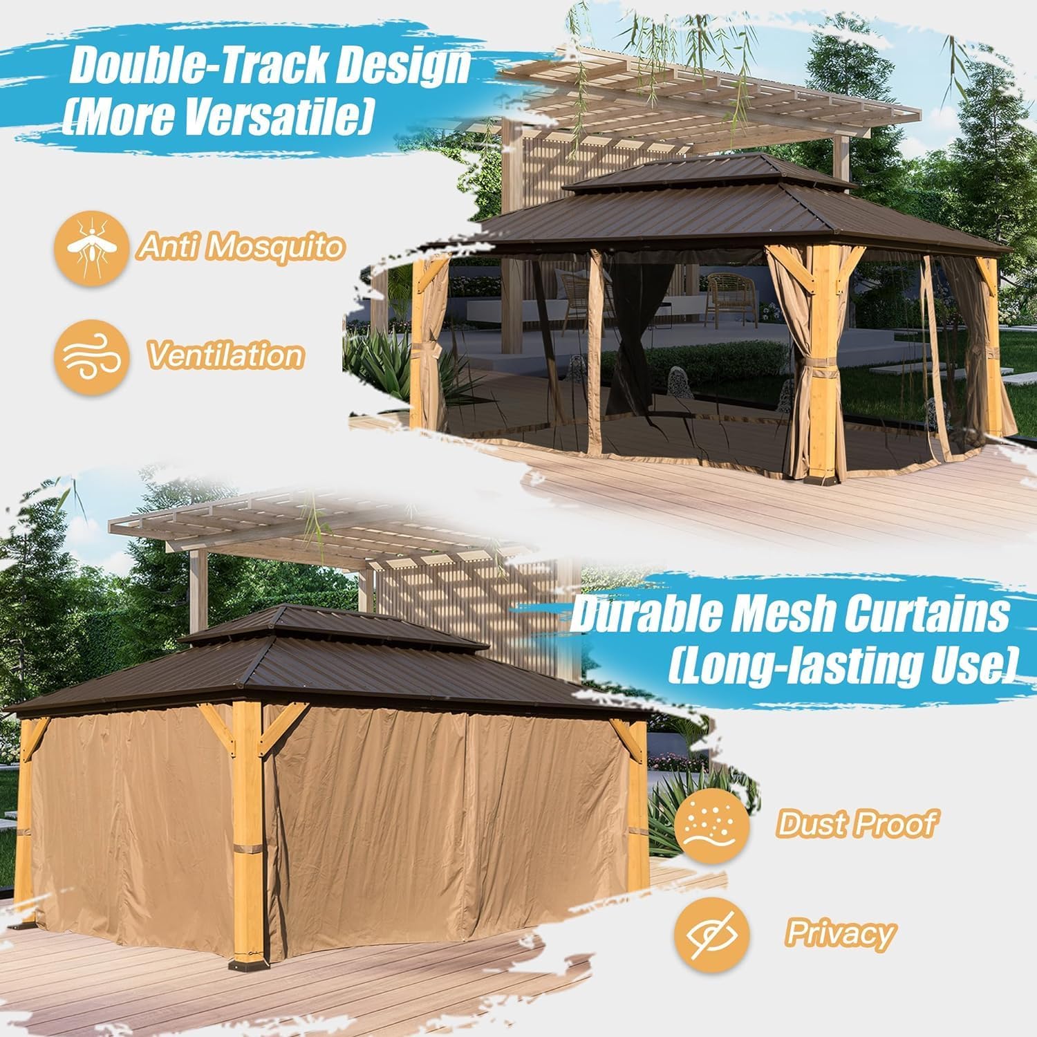 12x16FT Wood Gazebo, Solid Wood Hardtop Gazebo with Galvanized Steel Double Roof, Netting Curtains, Outdoor Gazebo for Patio, Backyard, Deck, Lawns