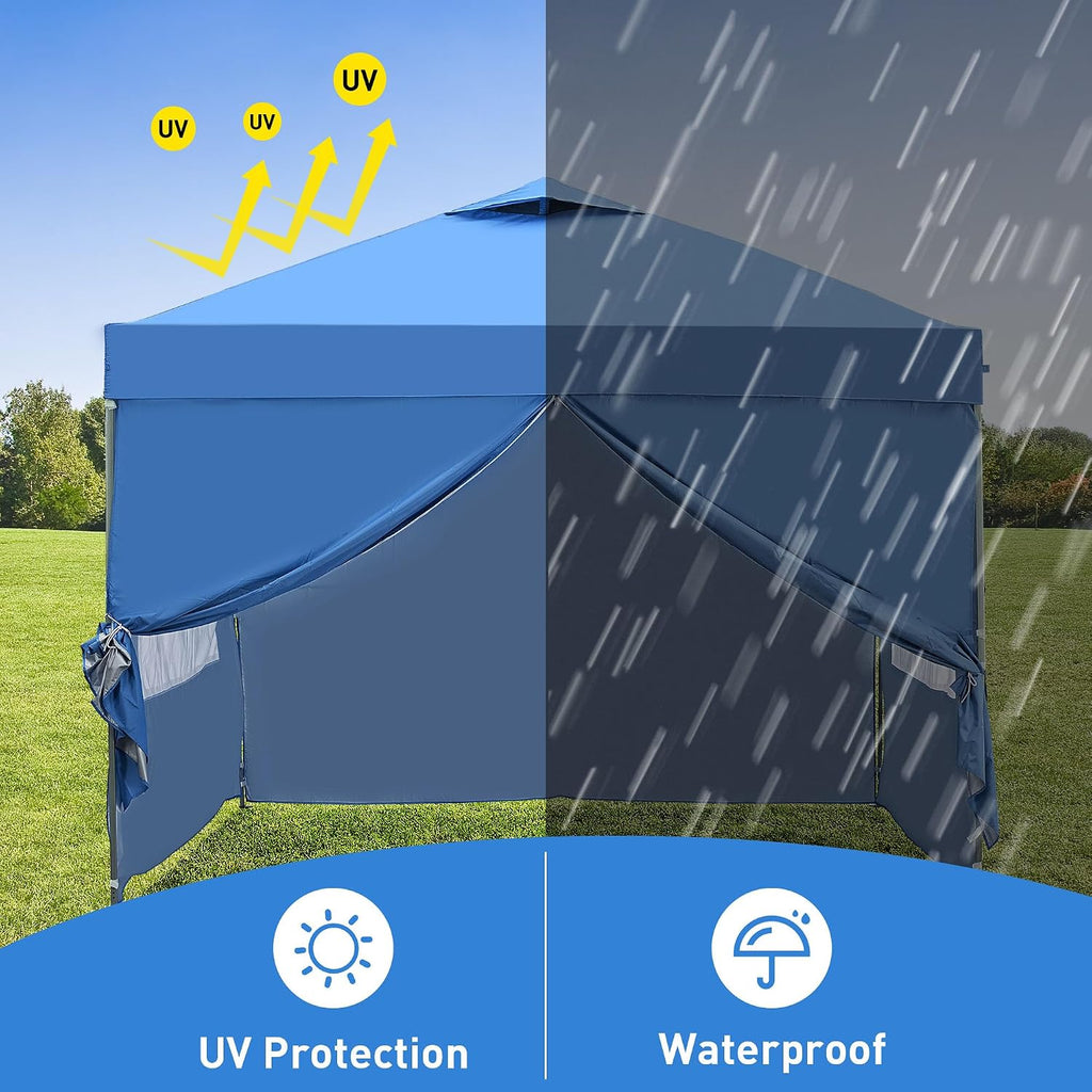 GDY 10x10ft Pop Up Canopy Tent with Sidewalls, Beach Tent, Easy Set up Gazebo for Events, Parties, Camping, Blue.